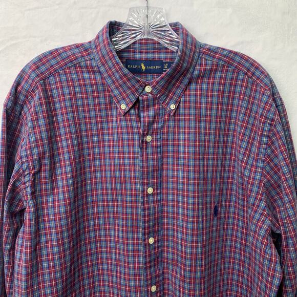 Ralph Lauren Large Tall Long LT Red Blue Plaid Long Sleeve Button Down Shirt - Picture 2 of 5